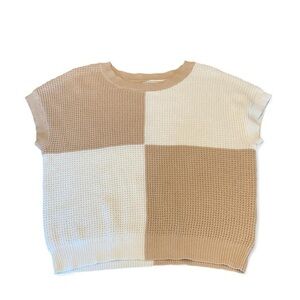 Colorblock Cropped Waffle Knit Short Sleeve Sweater - Cream & Tan